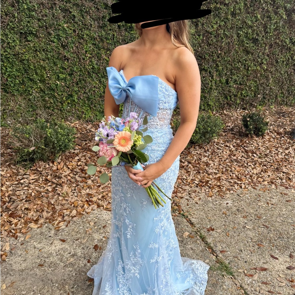 Sherri Hill Light Blue Lace Gown with Bow